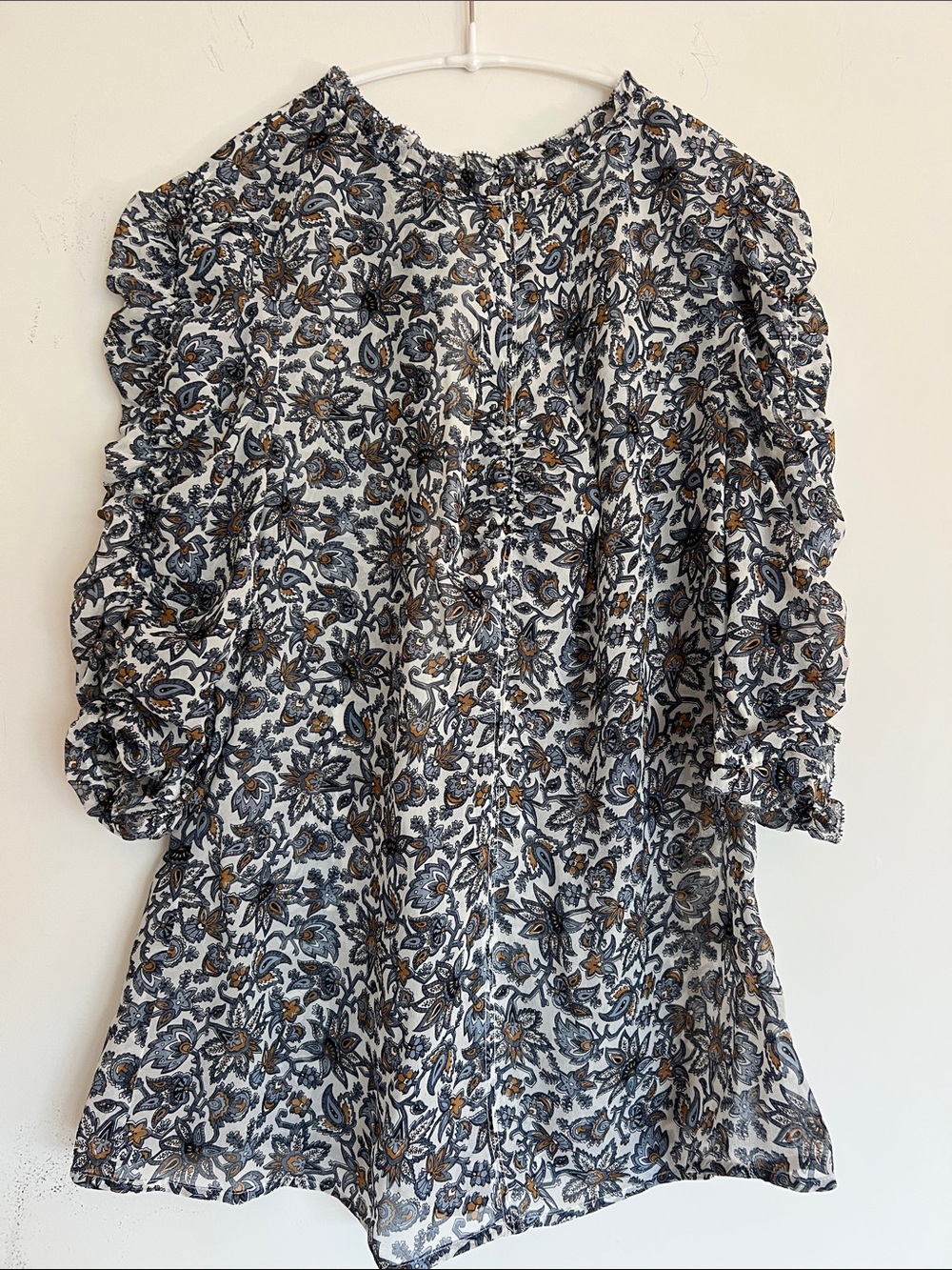Veronica Beard White Floral Pintuck Tunic with Blue and Tan Accents